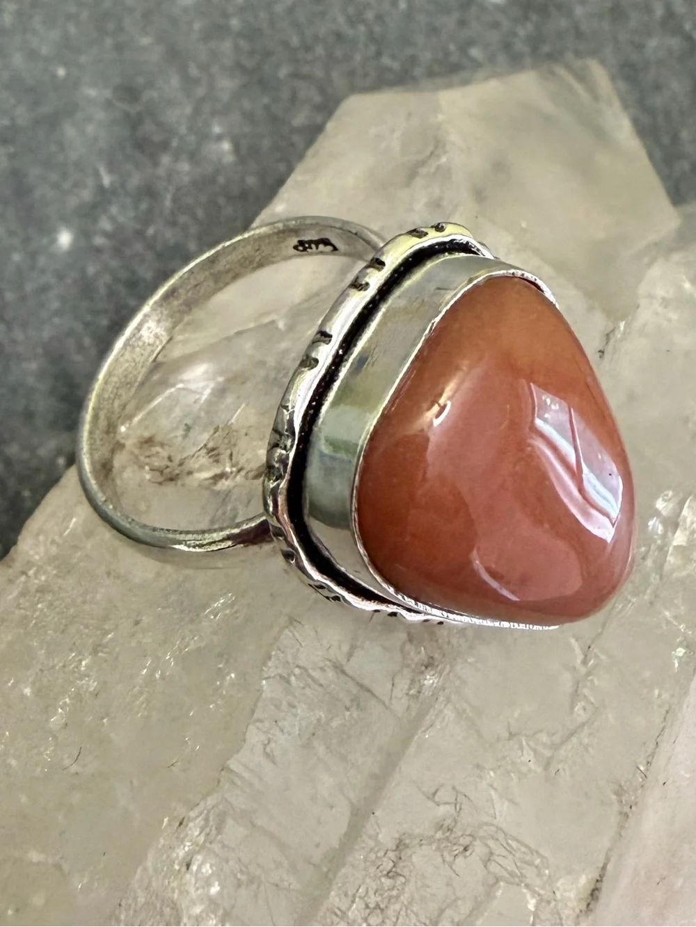 Genuine Peach Moonstone Teardrop Silver Ring